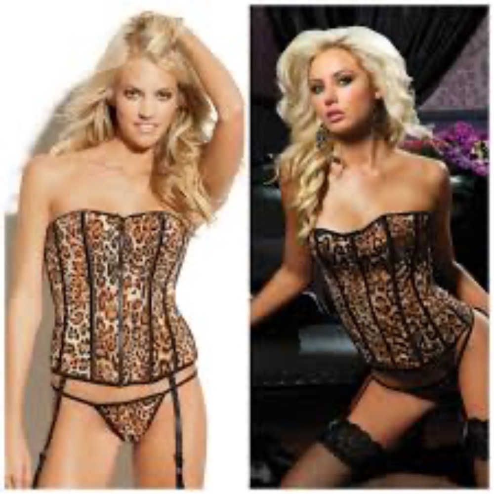 Leopard Print Corset - Lace up Back - Zip Up Front - With Thong and Garters NEW